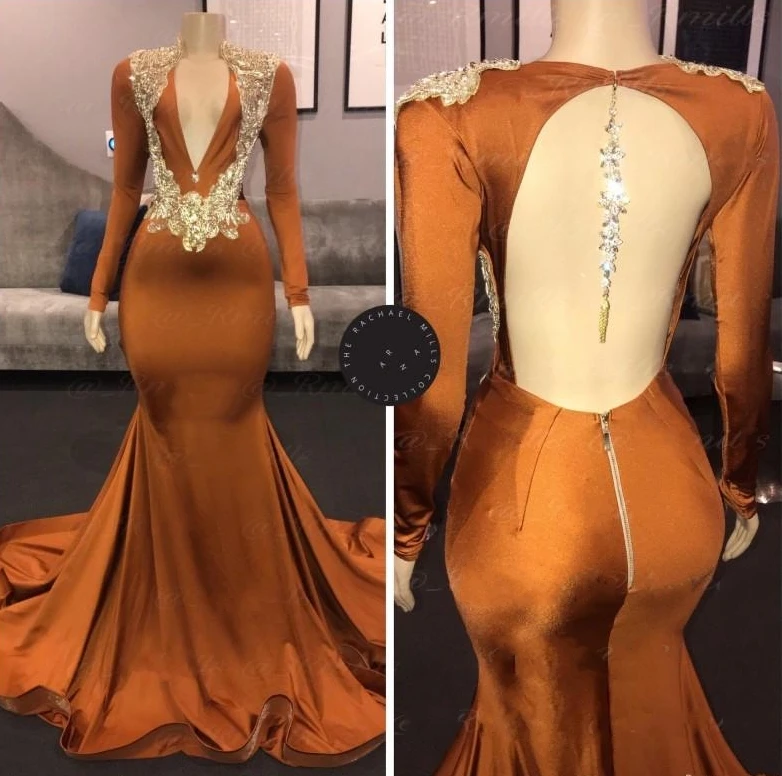

Hot Long Sleeve Mermaid Prom Occasion Dresses 2020 Sparkly Beaded Crystal Backless V-neck Brown African Evening Pageant Gown