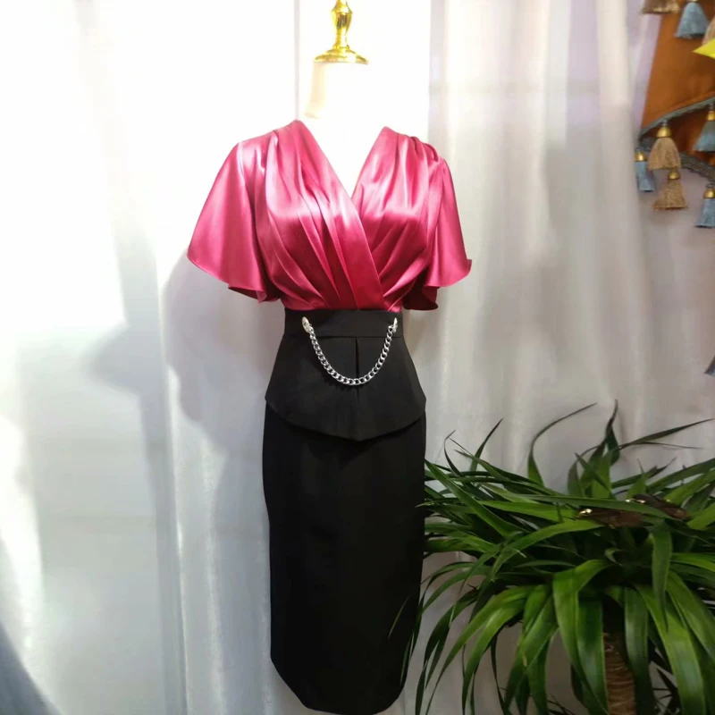 

Summer Clothes for Women 2021 New Elegant Lady Short Sleeve V Neck Patchwork Office Business Dress Midi Party Robe Femme