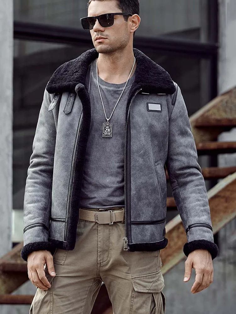 Denny&ampDora New Mens Shearling Coat B3 Bomber Jacket Grey Leather Overcoat Natural Sheepskin Parkas Short Winter Fur Outwear