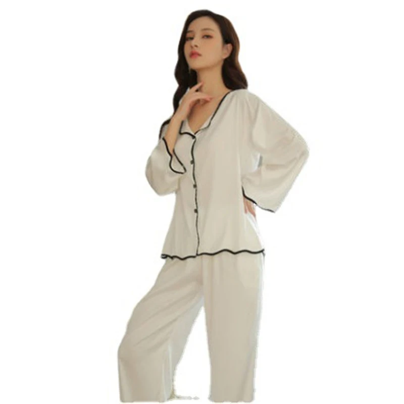 

Spring Women Pajamas Set New Luxury Style Fashion Solid Color Print Sleepwear Silk Leisure Home Clothes Nightwear