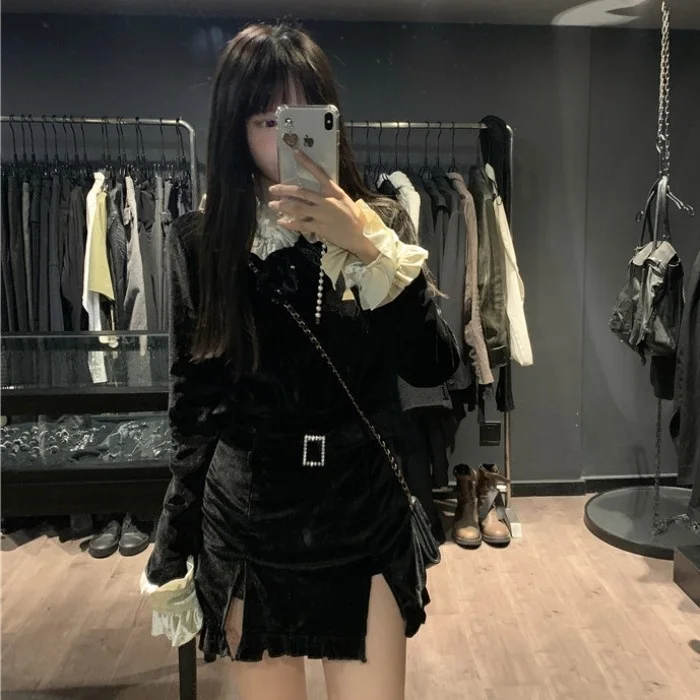 Черная кружевная юбка с кукольным воротником и разрезом | Женская одежда