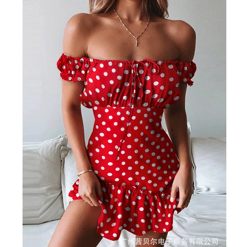 

WEPBEL Short Sleeve Dress Women's Sexy Dotted Prints Slim Dress Summer Fashion Ruffles Stitching High Waist Strapless Dress