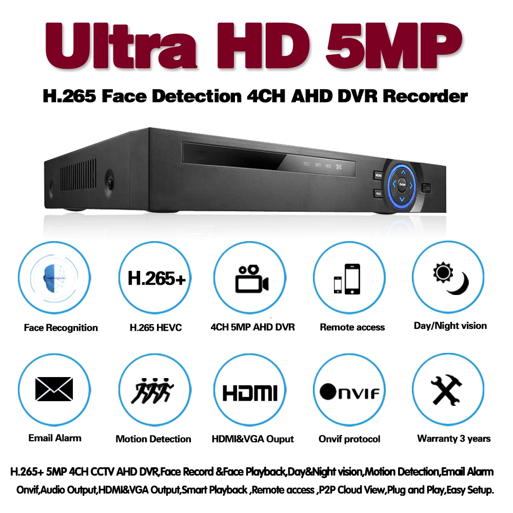 Система распознавания лица 6 в 1 H.265 H.264 AHD DVR XVR NVR аналоговый видеорегистратор 5 Мп 4