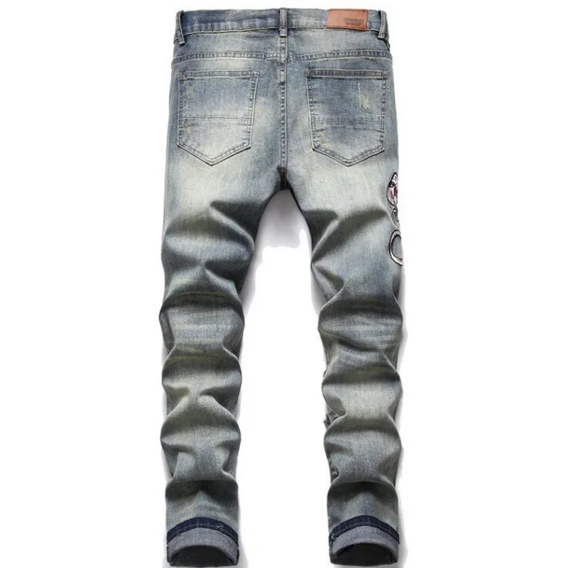 Mens Jeans Fashion Trendy Ripped Hole Slim Fit Stretch Embroidery Cobra Men Jeans Skinny Trendy Pants