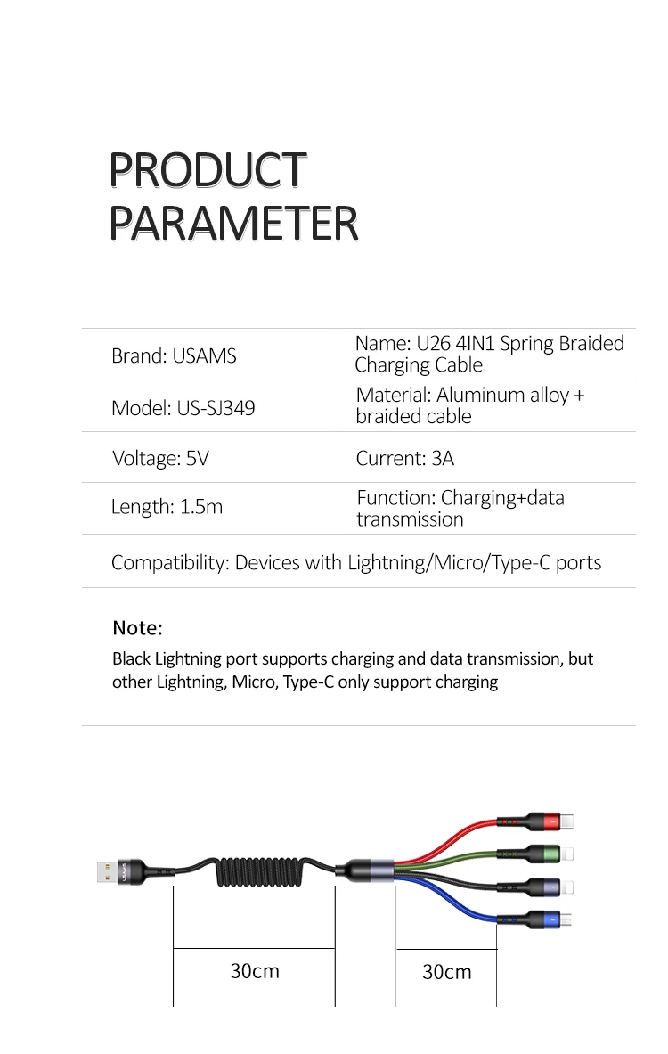USAMS 4 в 1 мульти usb Кабель зарядного устройства для iPhone xs samsung huawei xiaomi линия зарядки для lightning micro usb type c кабель led