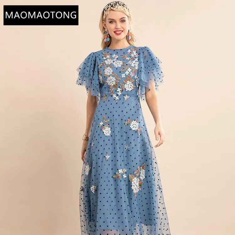

New 2021 Women's Summer Vintage Party Dress Butterfly Sleeve Splicing Embroidered Polka Dot Blue Mesh Long Dress