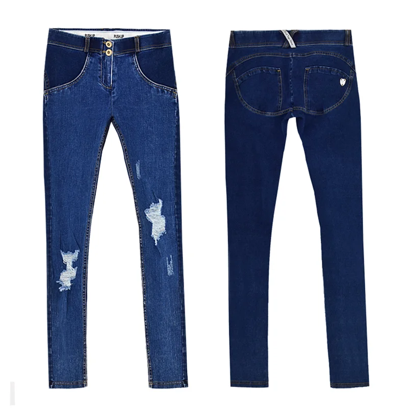 

Women's Slim Pencil Pants Blue Low Waist Ripped Broke Hole Stretched 2 Buttons Denim Jeans Female Small Leg Trousers TOP365