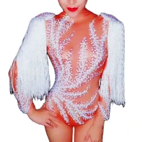 sparkly rhinestones embellished pearl women jumpsuit nightclub singer show performance costumes pole dancing stage wear bodysuit