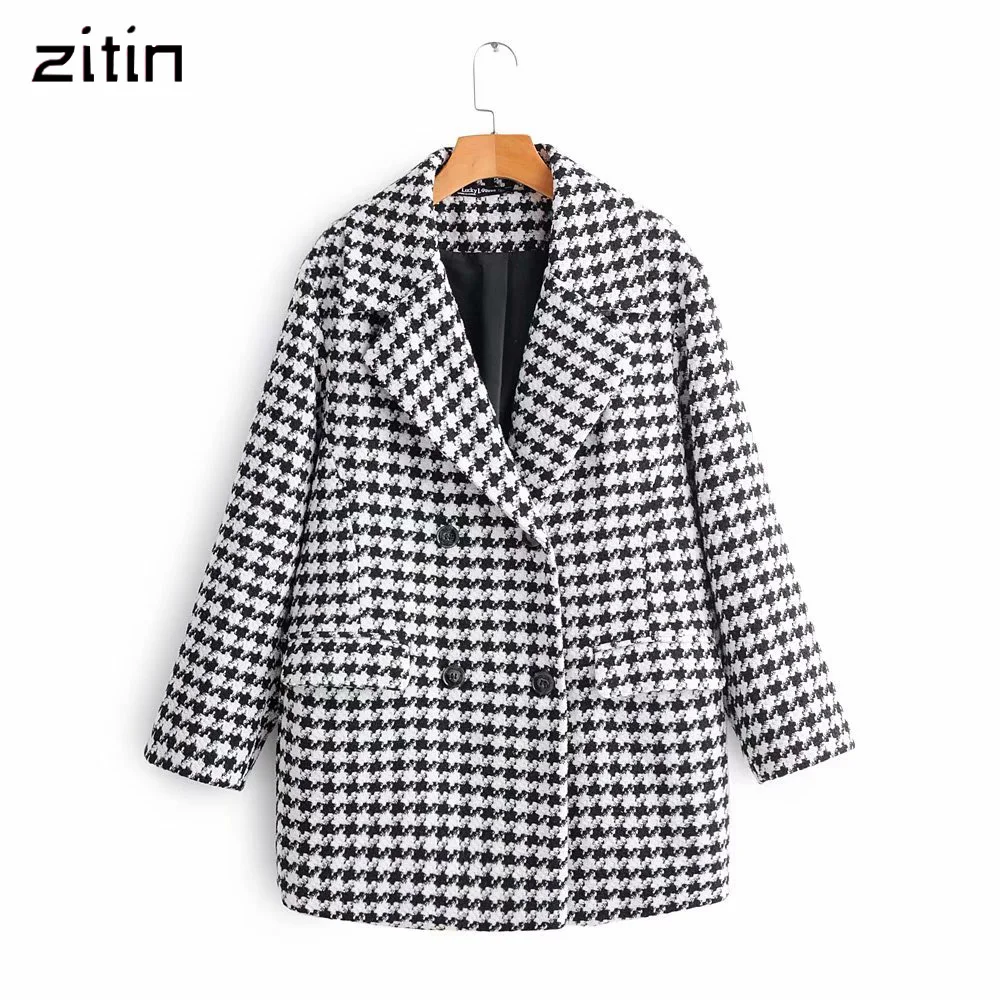 2019 женское стильное пальто в ломаную клетку с карманами двубортное длинным