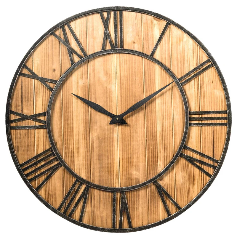 

Handmade Home Decor Rustic Wooden Silent Sweep Art Painting Wall Clock with Metal Frame