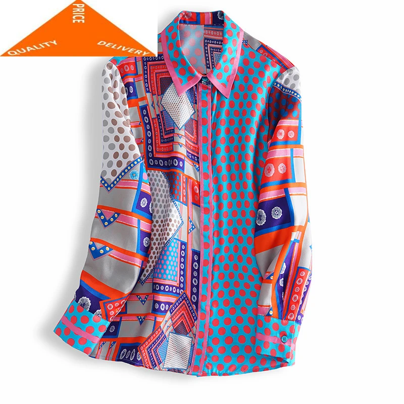 Spring Vintage Summer 100% Real Silk Women's Shirt Elegant Dot Print Long Sleeve Blouse and Tops Women Blusas 2020 6462 | Женская