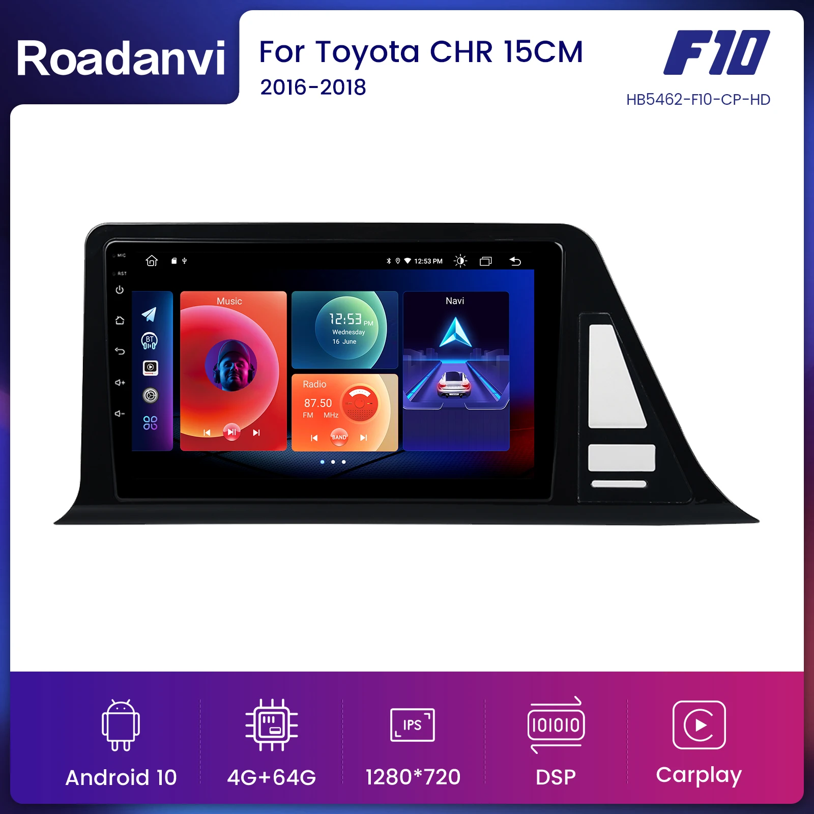 

Roadanvi Autoradio 1din Android 10.0 Car Radio for Toyota C-HR CHR 2016 2017 2018 GPS Car Stereo 9" IPS Screen 64GB ROM