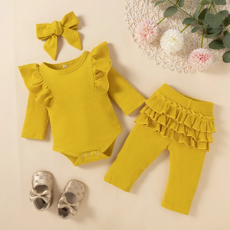 

Baby Toddler Girl Clothes Solid Yellow Flying Sleeve Long Sleeve Romper Ruffles Pants Spring Girls Outfits Set Baby Girl Clothes