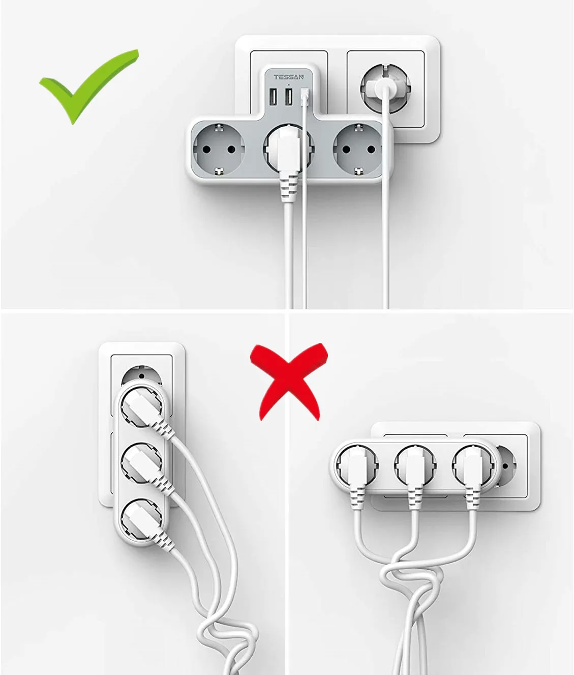 TESSAN EU Standard Plug Power Strip with 3 USB Ports &amp AC Outlets Multi Extender Wall Socket Adapter Type-E/F |