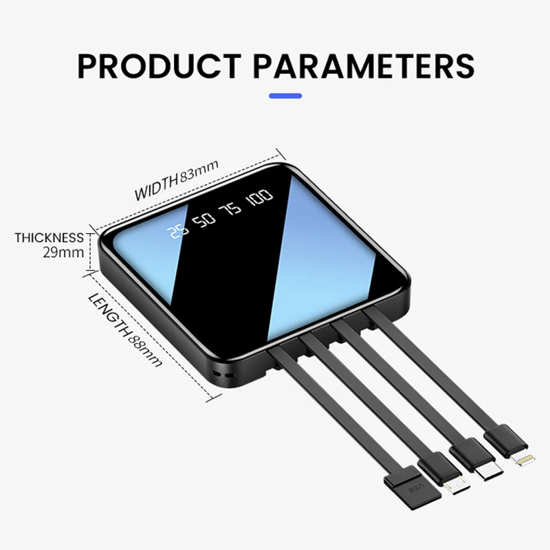 

4 In 1 10000mAh Mini Power Bank For iPhone 12 Portable Charger Poverbank With LED For Xiaomi Redmi 10 External Battery Poverbank