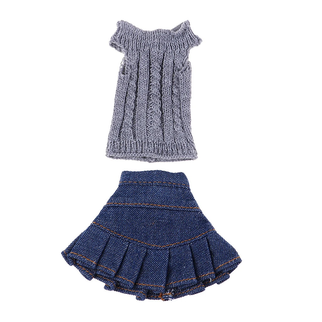 Stylish 2pcs Clothes Suit for 1/6 Blythe Licca OB Girl  My Life Dolls Knit Sweater Denim Skirt Gray&Blue images - 6
