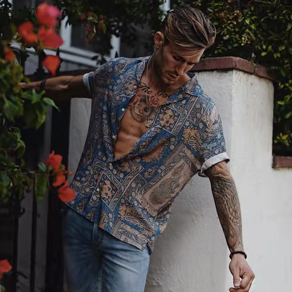

Winter Shirt Men Retro Fashio Vertical Men's Summer Fashion Casual Lapel Print Short Sleeve Shirt Top Blouse Brand Clothing