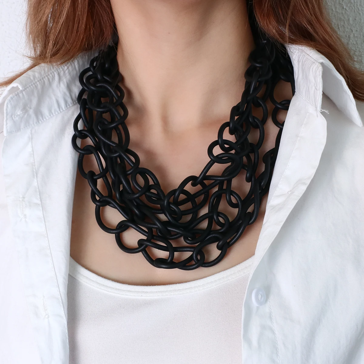 Amorcome Unique Design Bib Necklace Black Rubber Short Choker Statement Necklace for Women Clothes Jewelry Gifts
