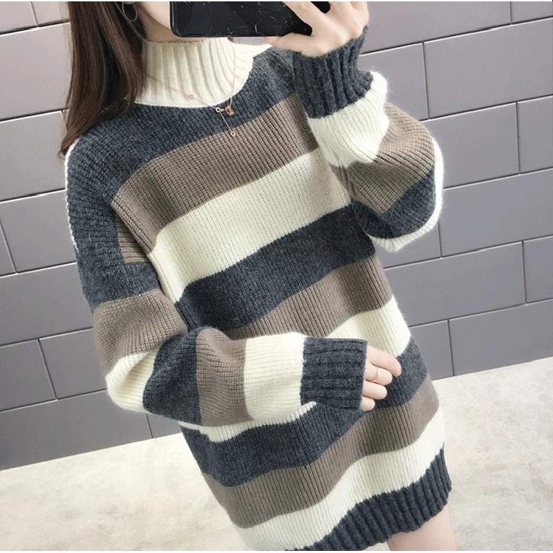 

Female Loose 2019 Knitted Pullovers Warm Fashion Long Sleeve Turtle Neck Plus Size Long Pull Jumper Women Sweater Ladies Pull