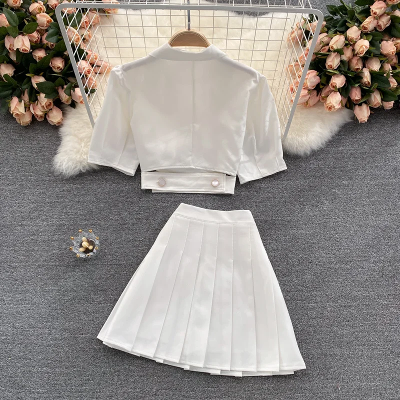 

Summer Fashion Comfortable Skirt Suits New Double Breasted Short Blazer And Mini A-line Skirt Black Age Reduction Two Suits