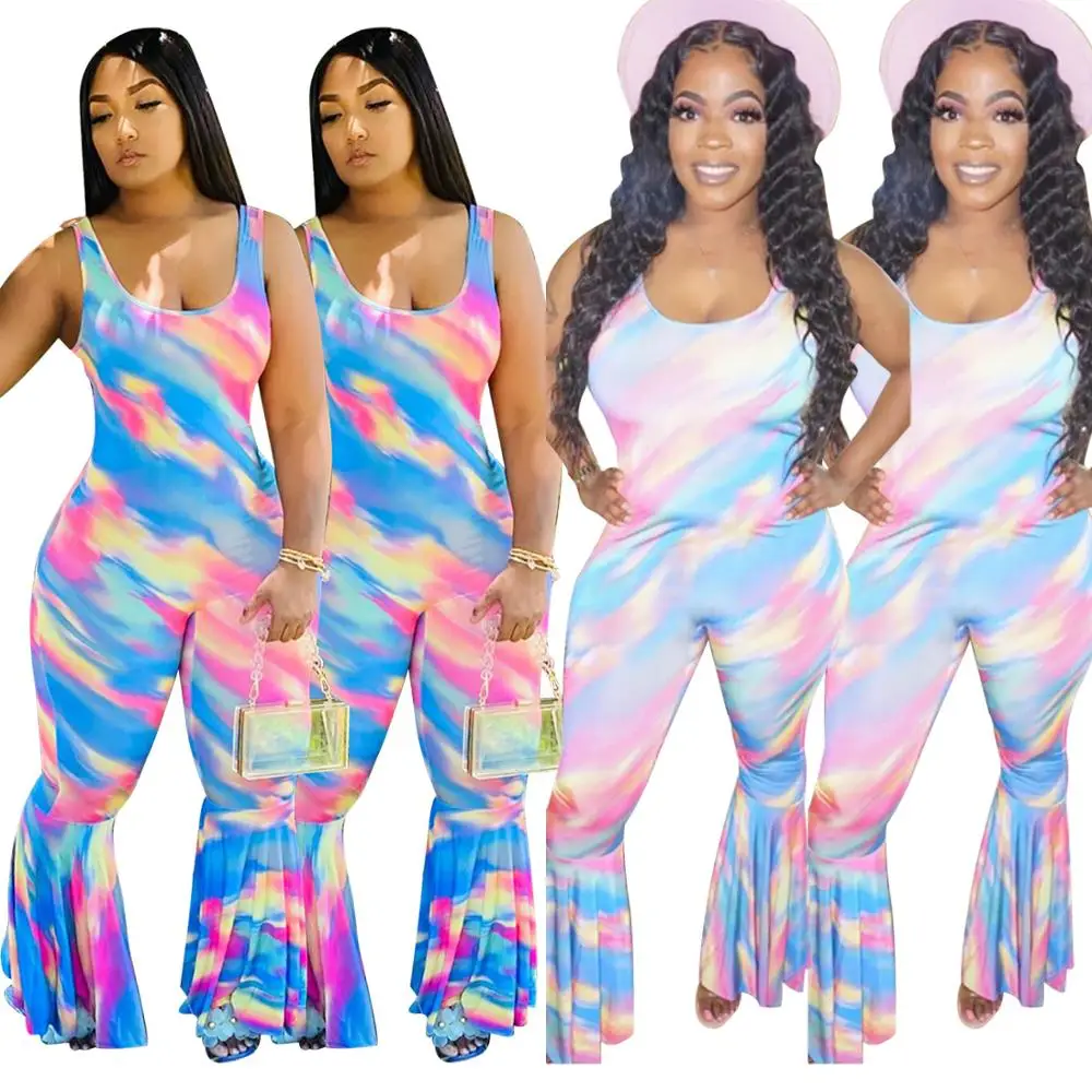 

Tie Dye Print Jumpsuits Women Pleated Spaghetti Strap Rompers Ladies Stacked Pants Sleeveless Party Club Outfits Femal