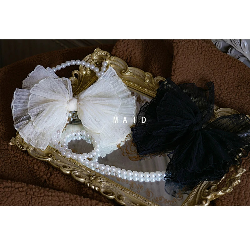 

lolita Black white Fairy Wind Net yarn Multilayer Lace Top clamp Bow spring clip lovely Soft Sister Daily Tea Party Headwear