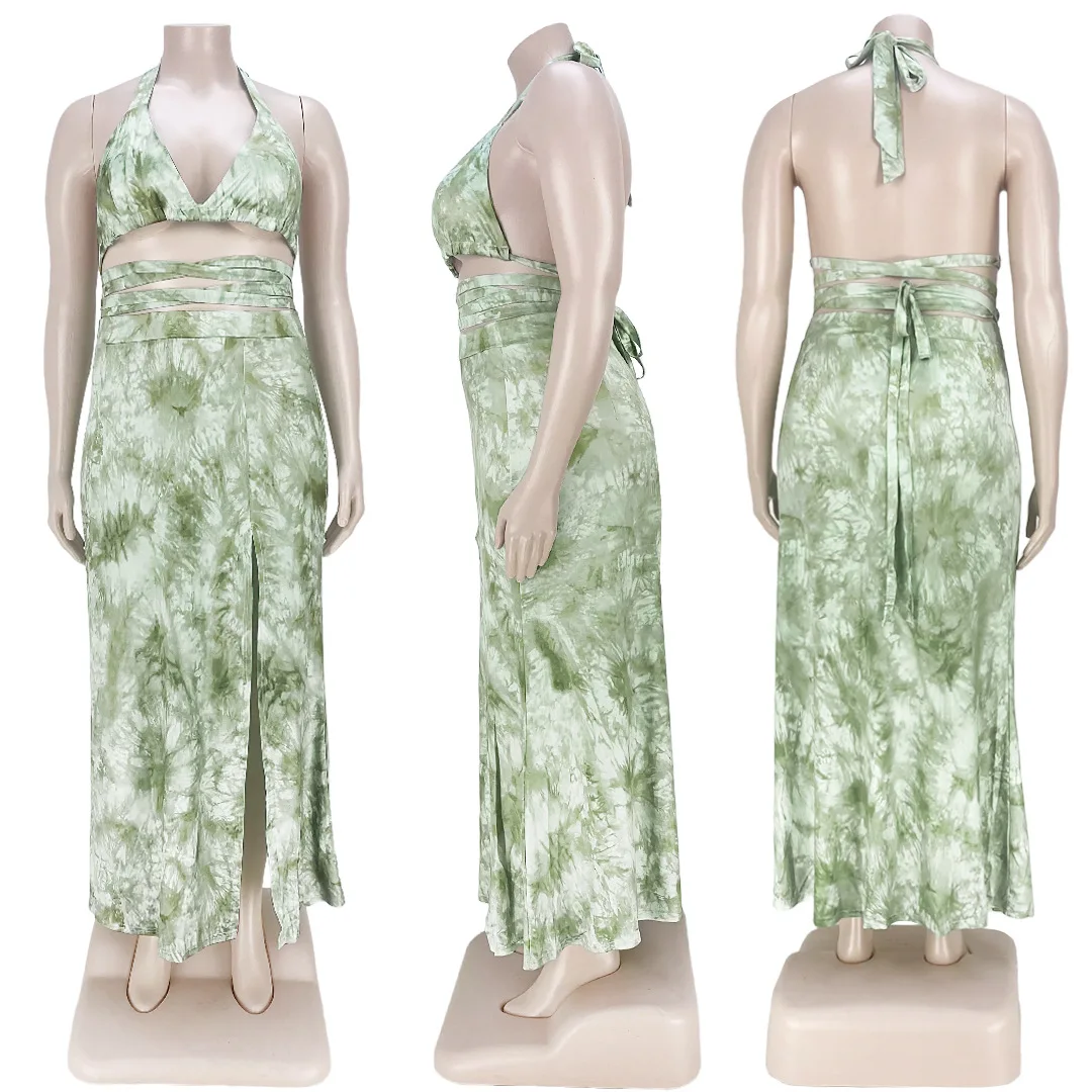 

Tie Dye Plus Size Two Piece Sets 2021 Summer Bandage V Neck Sexy Crop Top and Split Hollow Out Elastic Waist Dress Matching Sets