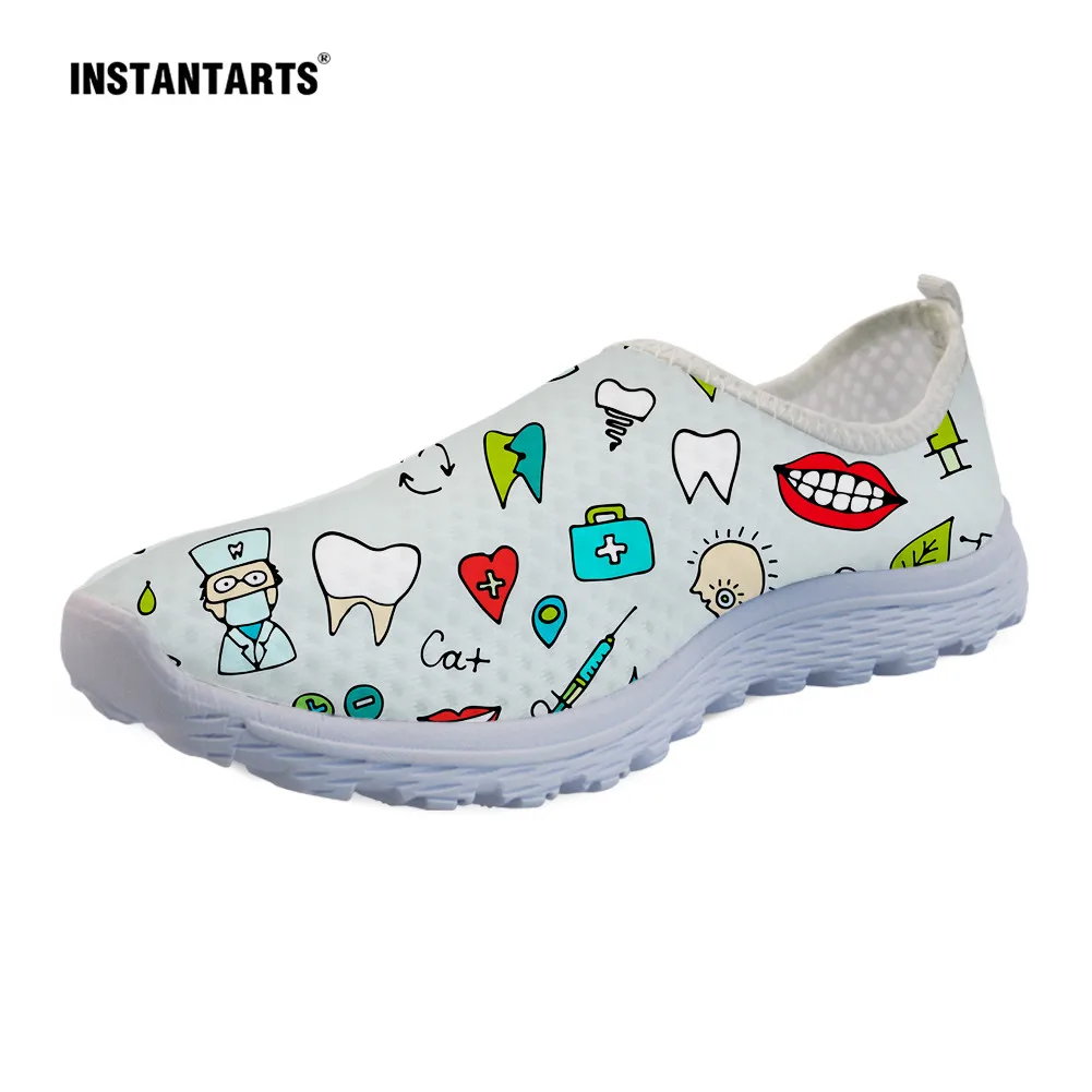 

INSTANTARTS Dentist Shoes Women's Flats Cartoon Dental Nurse Print Breath Mesh Comfort Sneakers for Ladies Girls Summer Loafers