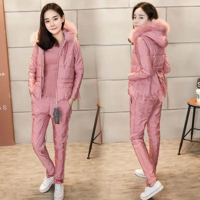 Three Piece Outfits for Women Hooded Vest and Cotton Pants New Winter Parka Ladies Stitching Lace Solid Thick Casual Suit Set T9