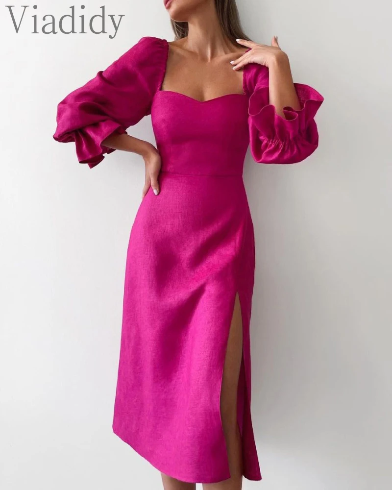 

Women Elegant Solid Color Square Neck Puff Sleeve Side Slit Maxi Dress