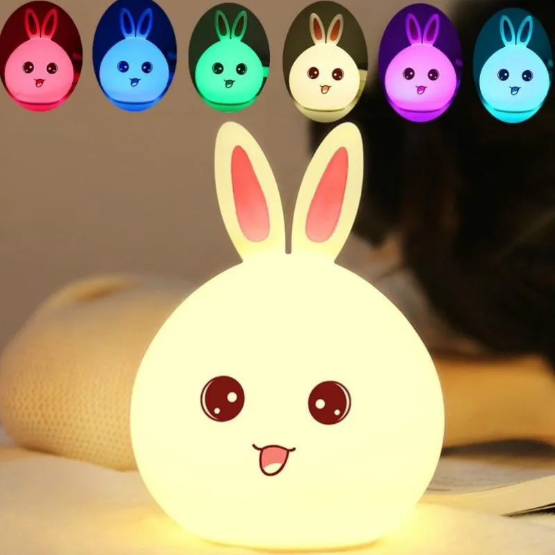 USB Rabbit Night light Led Desktop RGB Decorative Lamp Silicone Rechargeable for Kids Baby Gift Cute Animal Cartoon Lamps | Лампы и