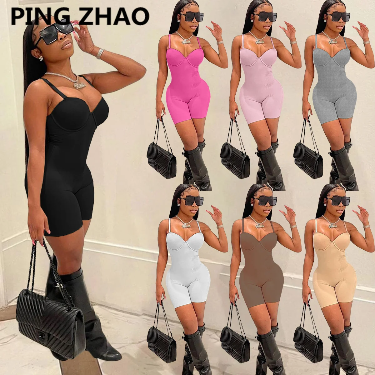 

PING ZHAO Women Playsuits Solid Strap Bodycon Rompers Cleavage Sexy Fashion One Piece Overalls Stylish Outfits