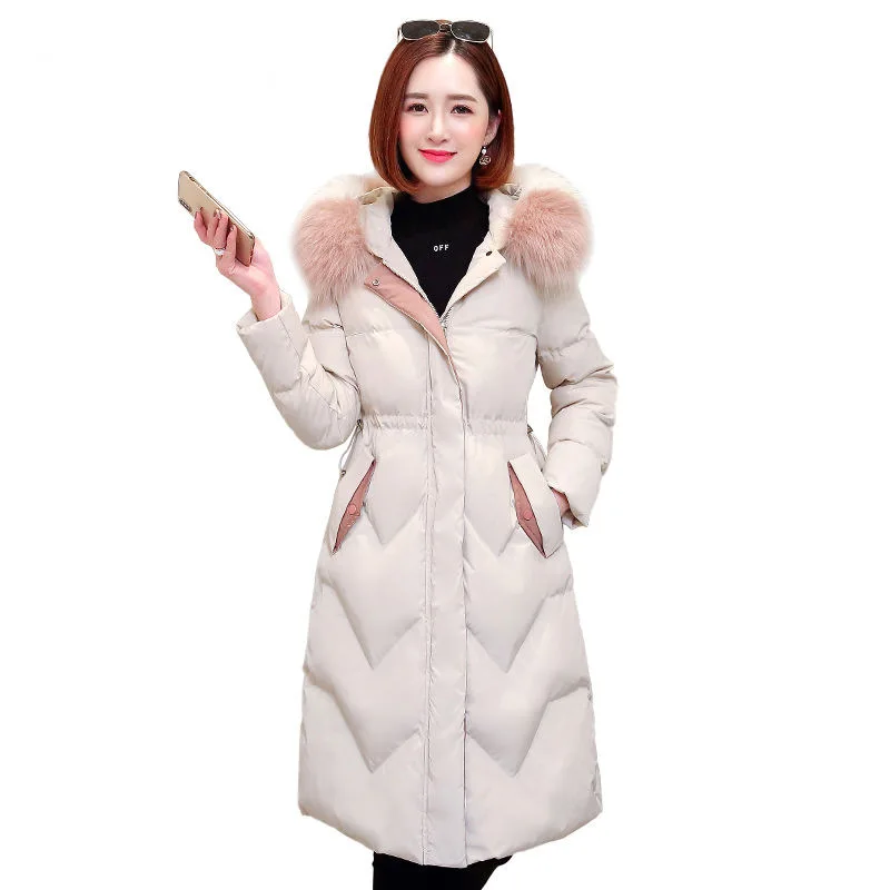 

Winter White Duck Down Jacket Women Big Artifical Chromatic Fur Collar Thickened Loose Fashion Veste Femme Warm Solid Parka
