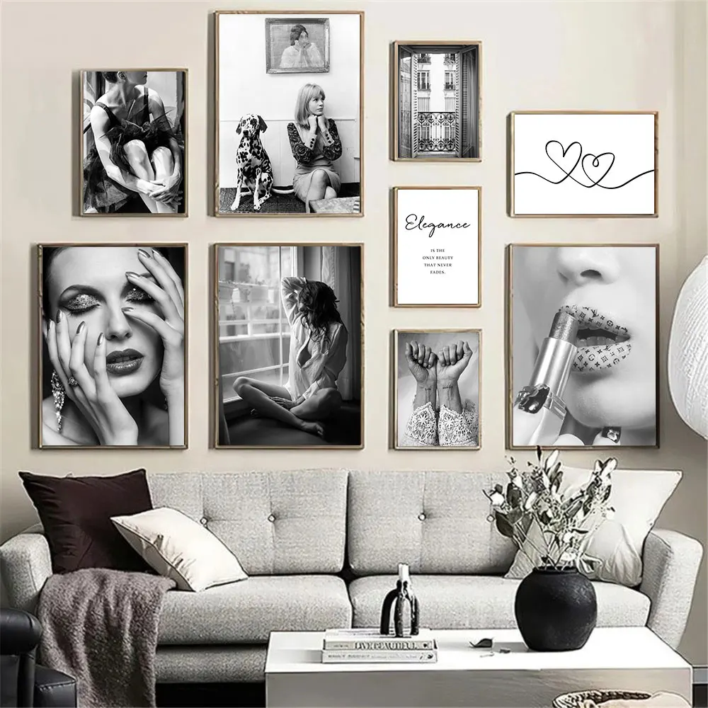 Черно белая мода сексуальная девушка холст картина женщина запись собака плакат