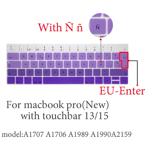 pro13 15 touchbar Испанская Защитная пленка для клавиатуры для Mac Book pro 13 A2159 pro13 retina air A1466 A1708A1989A1932 EU-key силиконовая крышка клавиатуры - Цвет: pro13 15 touchbar