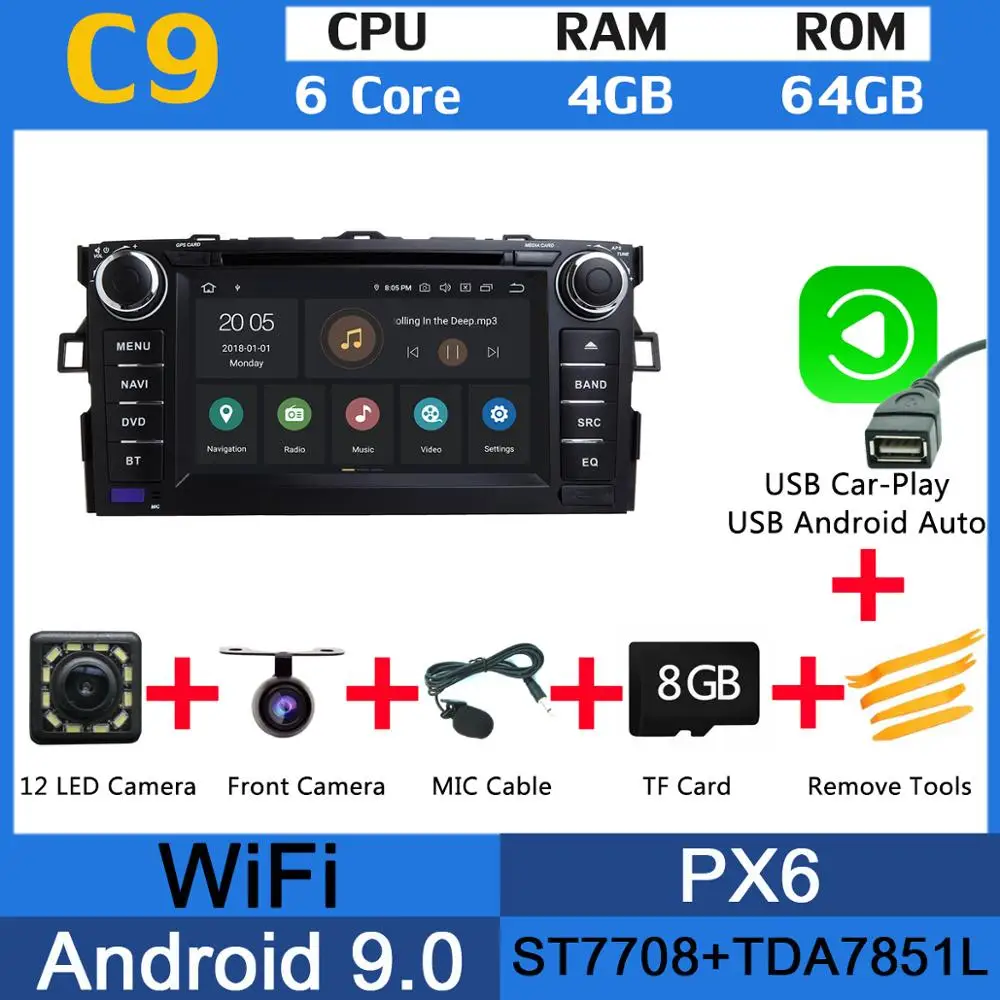 PX6 USB CarPlay " PX6 4G+ 64G Android 9,0 для Toyota Auris 2006 2007 2008 2009 2010 2011 Автомобильный DVD Радио gps навигации DSP CarPlay - Цвет: PX6 USB CarPlay
