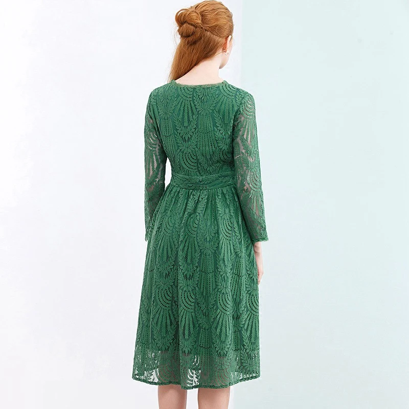 Женское ажурное платье с принтом зеленых листьев Повседневное до колена