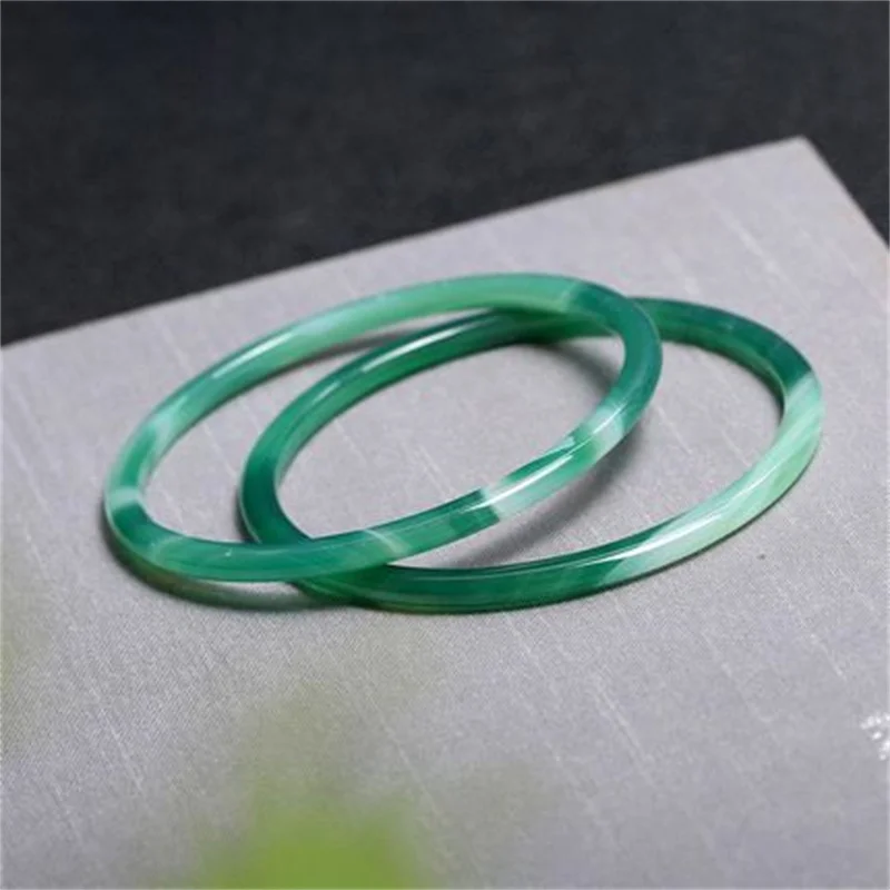 

Hot selling natural hand-carve jade Iced green Chalcedony Round Bar Baranglet 54-60mm bracelet fashion Men Women Luck Gifts