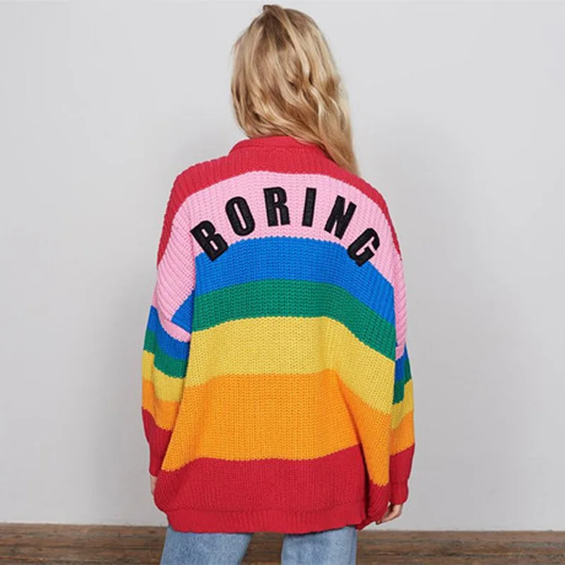 

Women's Harajuku Rainbow Striped Letter Long Sleeve Sweater V-Neck Single-breasted Knit Cardigan Women's Streetwear Pullover