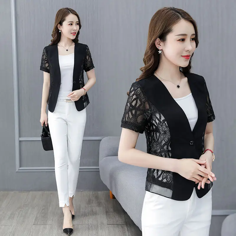 

Women Clothes 2021 Single Button Plus Size Short-sleeve Sunscreen Lace Blazers Summer Office Lady Solid OL Suit Jacket Tops Y216