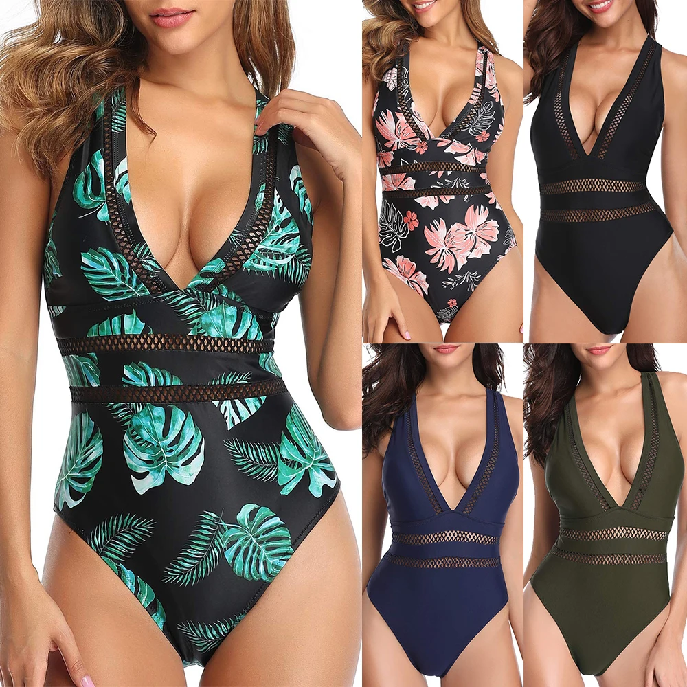 Прозрачный женский слитный купальник с принтом листьев черный монокини для