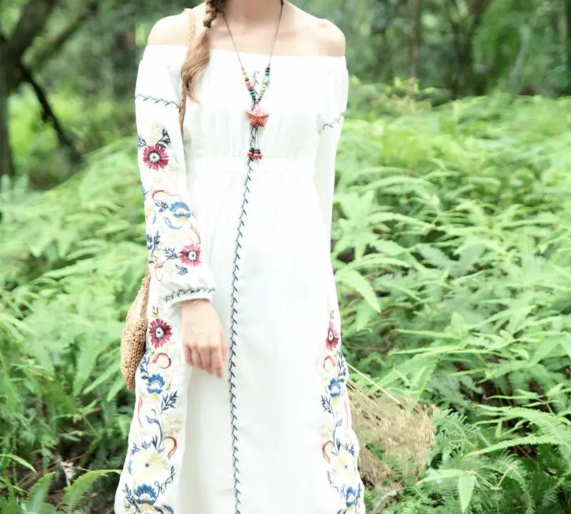Винтаж шикарные женские цветочные emberoidery сексуальное платье с открытыми плечами, Пляжное богемное длинное платье Дамское, летнее, богемное платье vestidos