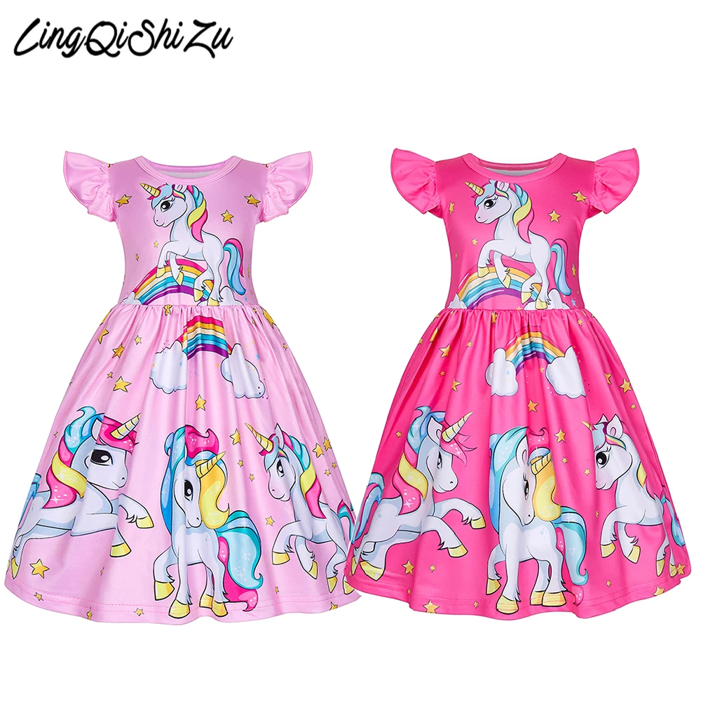 Летние платья для девочек Новое Детское платье с единорогом Одежда принцессы