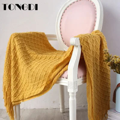 TONGDI/мягкое теплое клетчатое кружевное вязаное шерстяное одеяло с бахромой