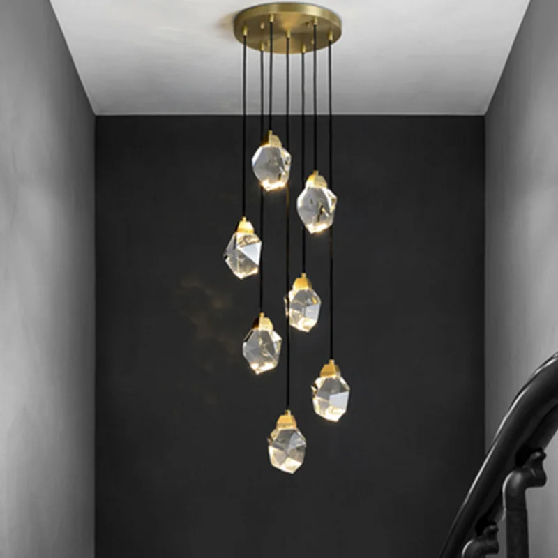 Postmodern Copper Led Pendant Lights Gold Light Luxury Crystal Glass Hanging Staircase Lamp Restaurant Living Room Light Fixture