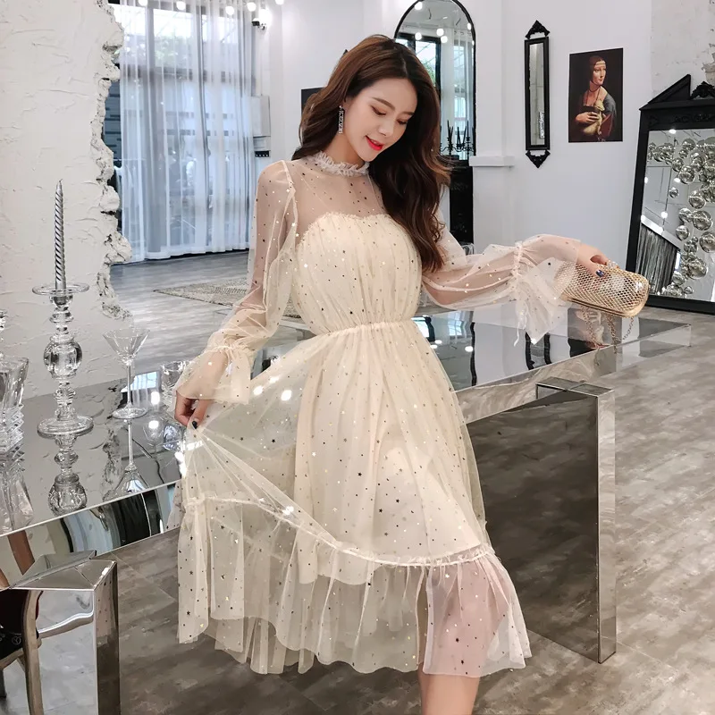 Новинка Весна-Осень Корейская версия темпераментное Сетчатое длинное платье с