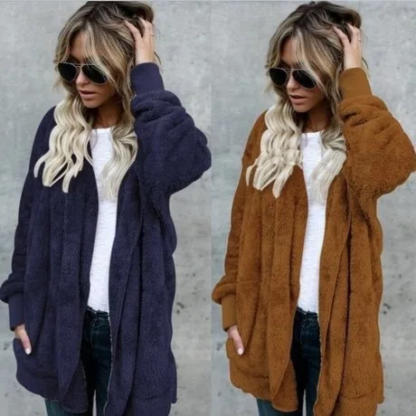 Faux Fur Coat Women 2020 Autumn Winter Warm Soft Long Fur Jacket Outwear Plush Overcoat Pocket Buttonless Cardigan with hood
