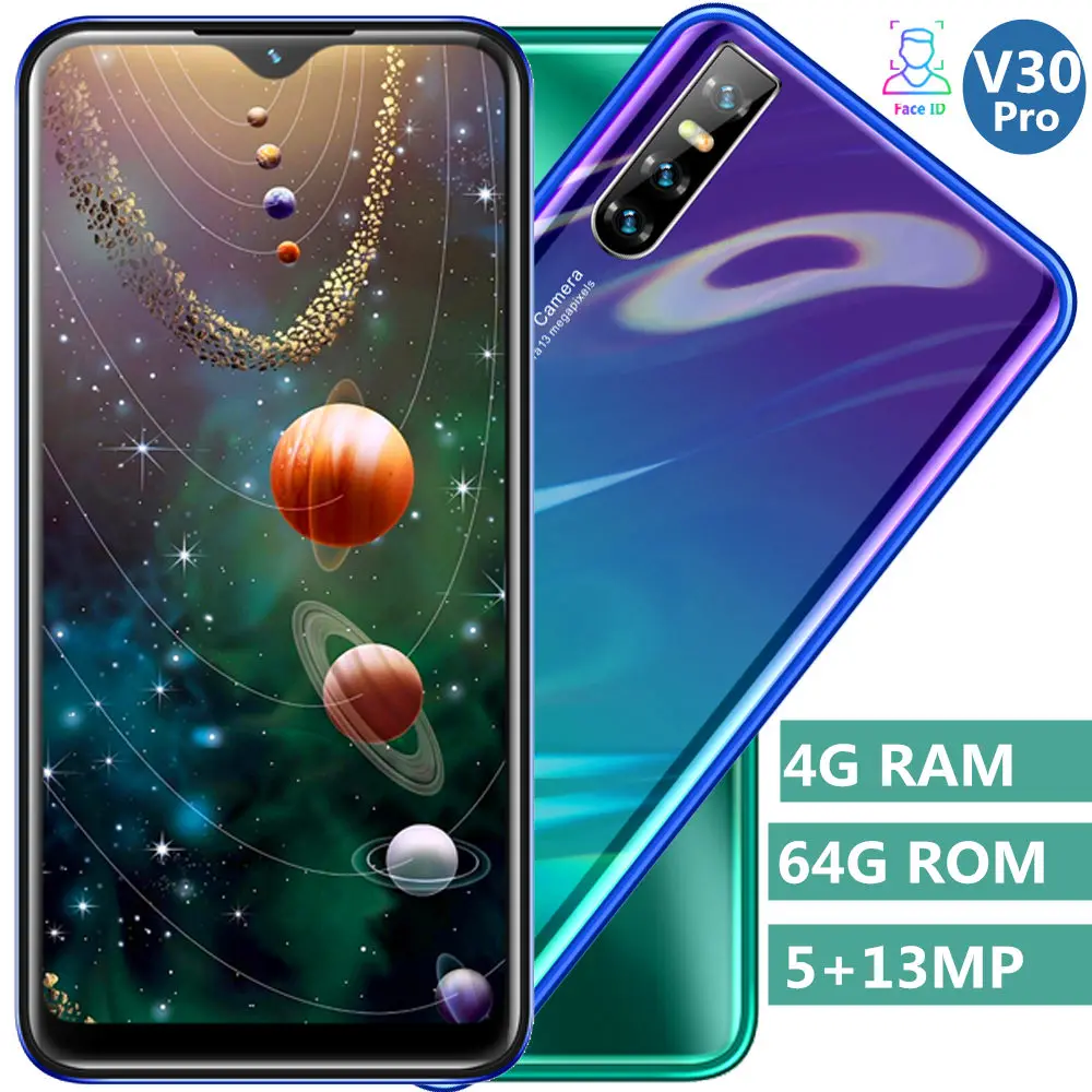 

V30 Pro smartphones Water drop screen 4GB RAM 64GB ROM 13MP quad core 6.26inch face ID unlocked Android mobile phones celulares