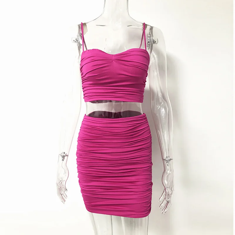 

Pleated tight two piece short set for women summer sexy sling crop top and sexy high waist bag hip skirt