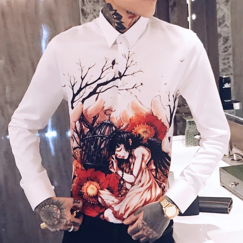 white Роскошный смокинг для ночного клуба, модное платье, Camisa Hombre, Повседневная приталенная рубашка, Мужская Уличная рубашка с цветочным принтом, мужская рубашка, Camisas Hombre - Цвет: white